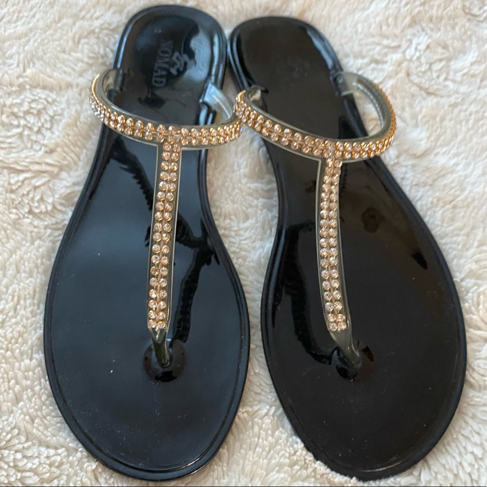 Nomad Black & Gold Rhinestone Flip-Flops.